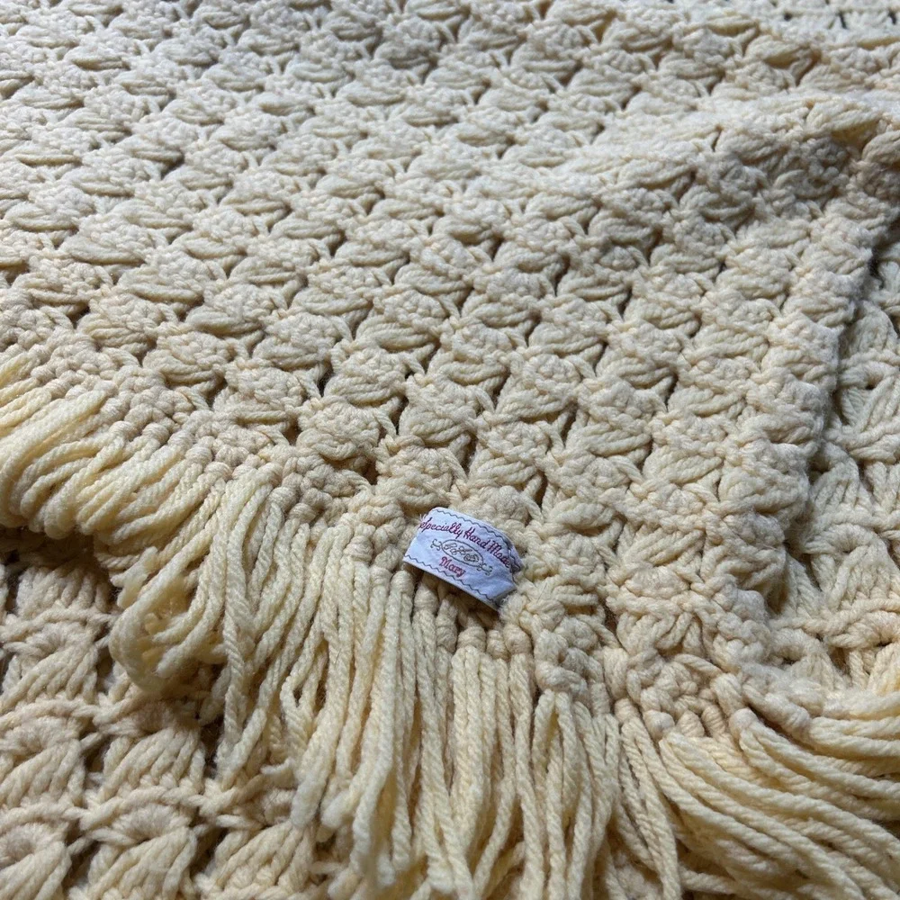 Vtg Handmade Yellow Crochet Afghan Blanket Fringe 44x68 Throw Retro Cottagecore